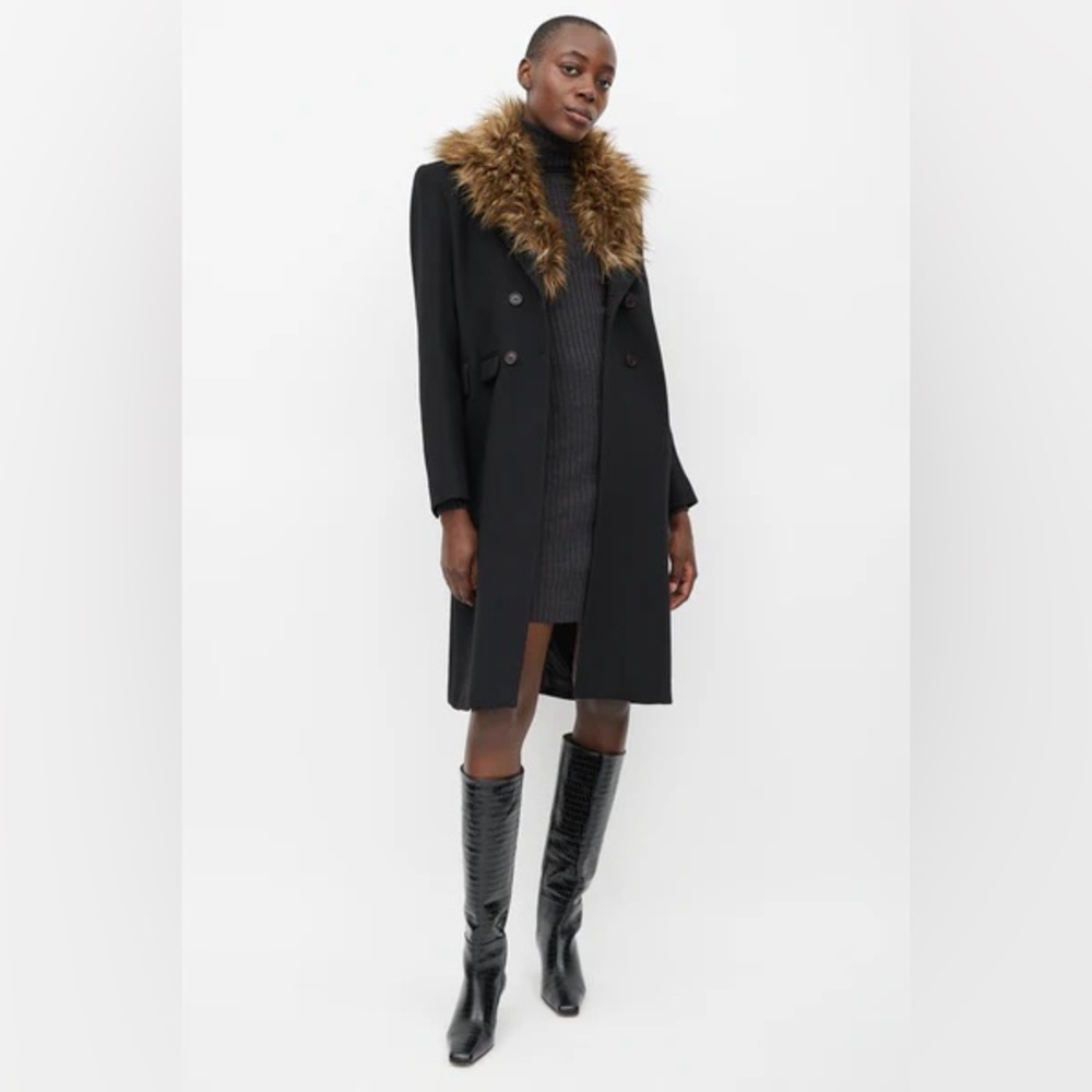 Smythe Black Pea Coat with Faux Fur Collar